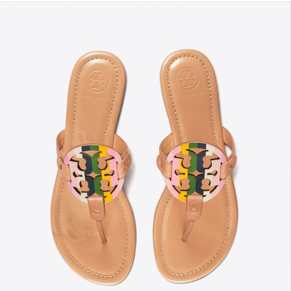 Tory Burch Tan Multicolor Patent Miller Sandals